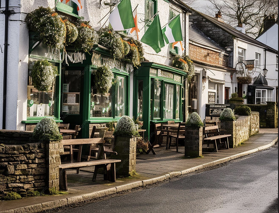 Traditional Irish pub exterior with Irish flags — daily life in Ireland