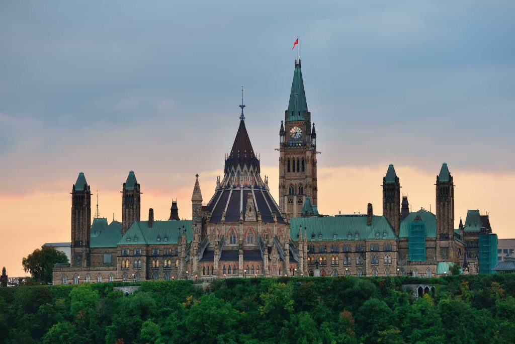 Parliament Hill's Gothic Revival towers in Ottawa, Canada