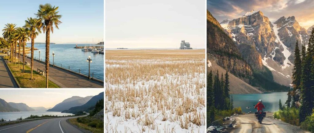 Four-panel collage showing Victoria's palm-lined waterfront, a snow-covered Saskatchewan wheat field, a coastal mountain highway, and a motorcyclist riding through the Canadian Rockies